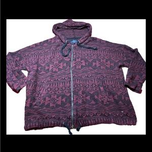 90s American Eagle zip Aztec Hoodie sweater boho burgundy Black Jacket Pocket XL